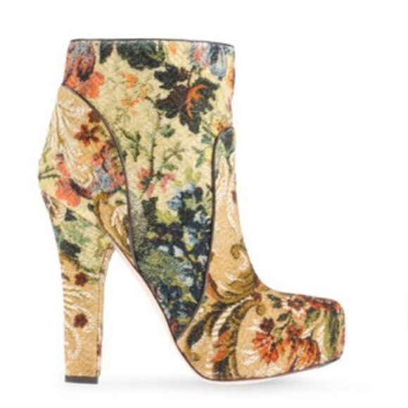 Dolce & Gabbana floral tapestry  jacquard yellow red heeled ankle boots 37 - Picture 15 of 16